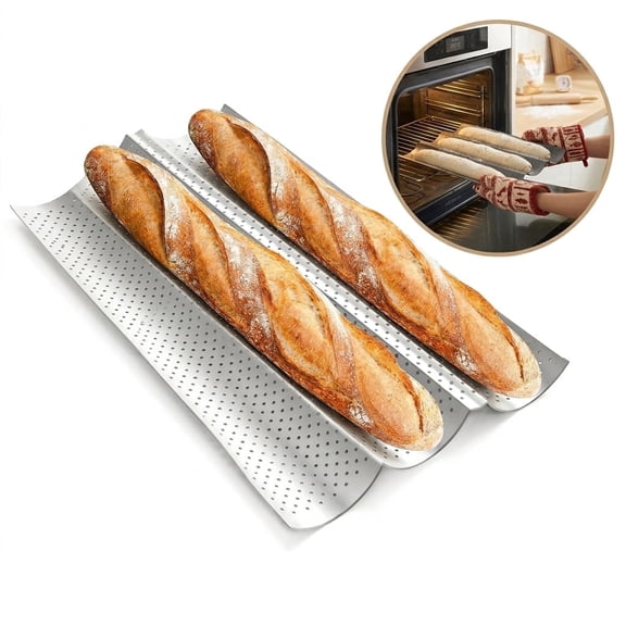 3 Loaves Nonstick Perforated Baguette Bread Pan, Baguette Baking Pan, French Bread Pan for Sourdough, Italian Bread & Sub Rolls