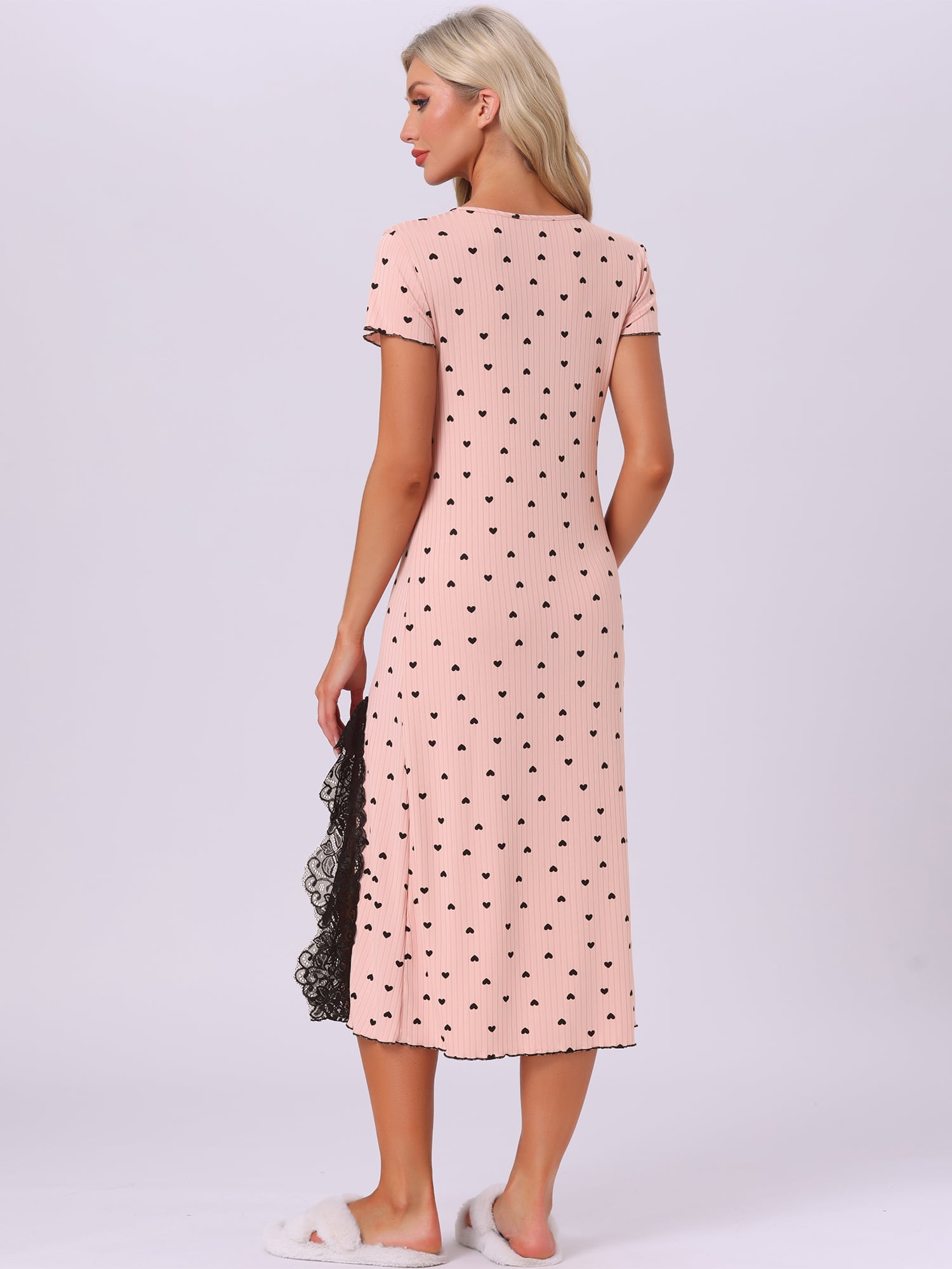 DARING DIVA Women's Short Sleeve Heart Print Lace Trim Ribbed Nightgown S Pink