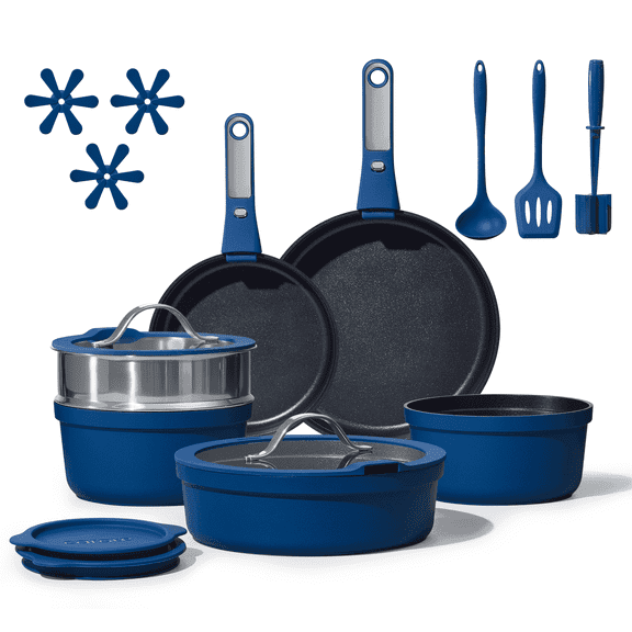 Carote 22 Pcs Nonstick Cookware Set, Nonstick Pots and Pans with Detachable Handle, Oven Safe, Induction Cookware, Stackable Kitchen Set, Blue