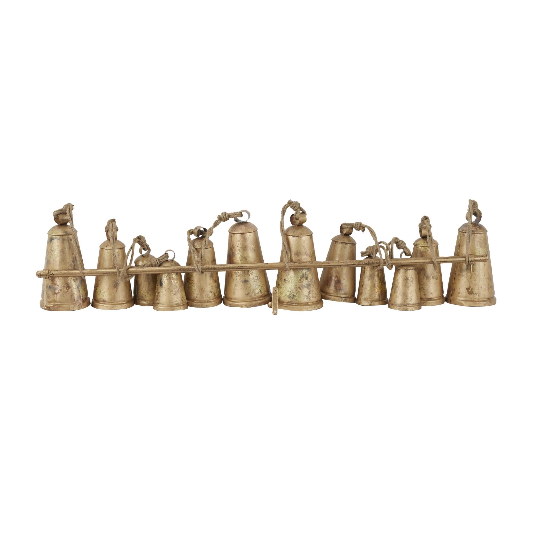 DecMode Tibetan Inspired Bronze Metal Conical Decorative Cow Bells with 12 Bells on Jute Hanging Rope and Metal Rod