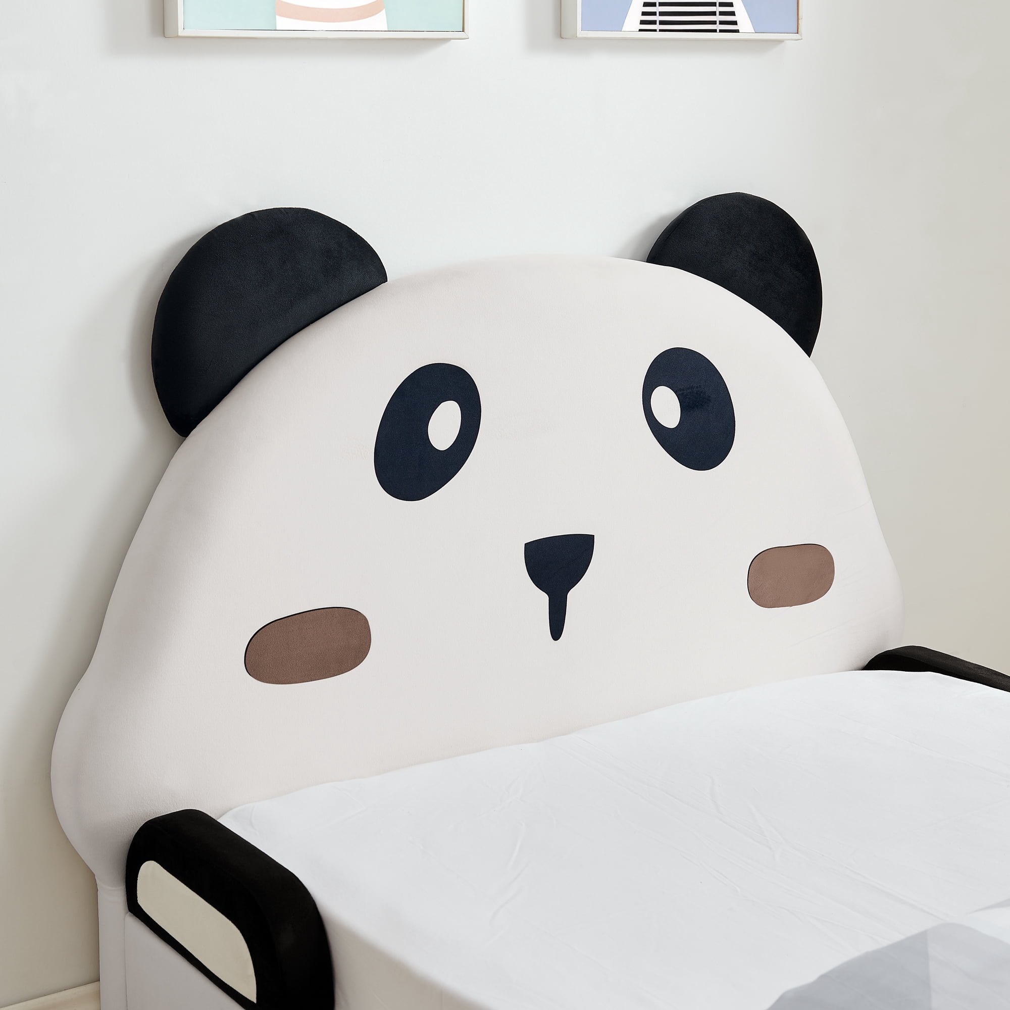 Mintazer Twin Upholstered Platform Bed Frame with Panda Headboard, Kids Velvet Bed for Boys Girls, White & Black