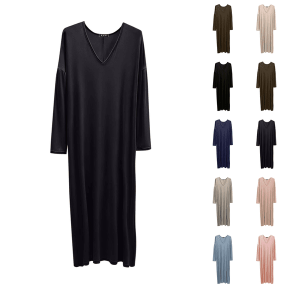 Yuanlook Long Sleeve Nightgown for Women,Plus Size V-Neck Relaxed Fit Elegant Flowy Maxi Home Loungewear Sleep Dress L-5XL