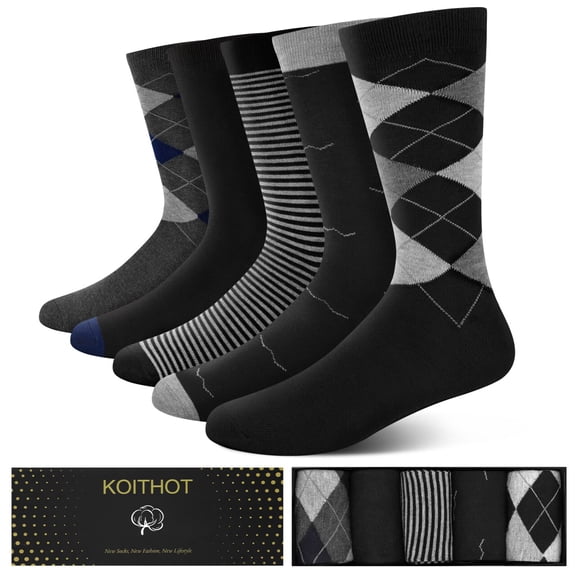 KOITHOT 5 Pack Men Dress Socks, Classic Business Cotton Crew Mens Socks Size 10 13 Gift Set