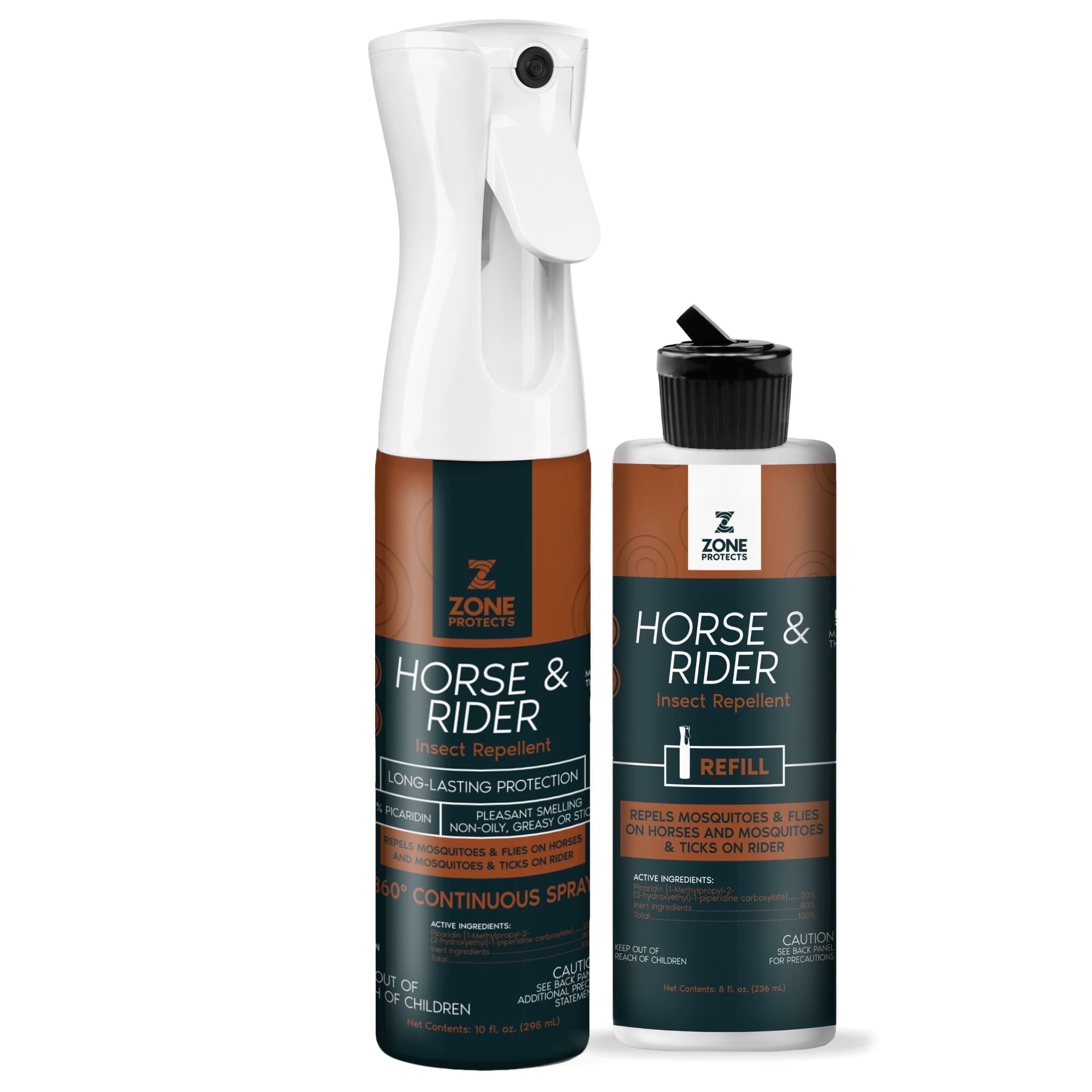 Zone Protects Horse & Rider Fly and Insect Repellent; 10oz Continuous Spray + Refill Combo; Picaridin Based, 12-hr Protection for You and Your Horse; Repels 400 Species of Flies and Mosquitoes