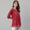 thumbnail image 6 of Janasya Indian Round Neck 3/4 Sleeve Embroidered Maroon Cotton Tunic For Women, 6 of 8