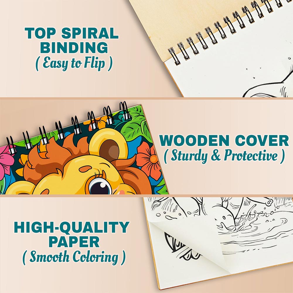 Netecom Cute Baby Animals Coloring Book Spiral Bound for Adults, A5 Wooden Cover, 30 Cuddly Coloring Pages of Forest Animal for Stress Relief and Relaxation, Spiral Bound Edition