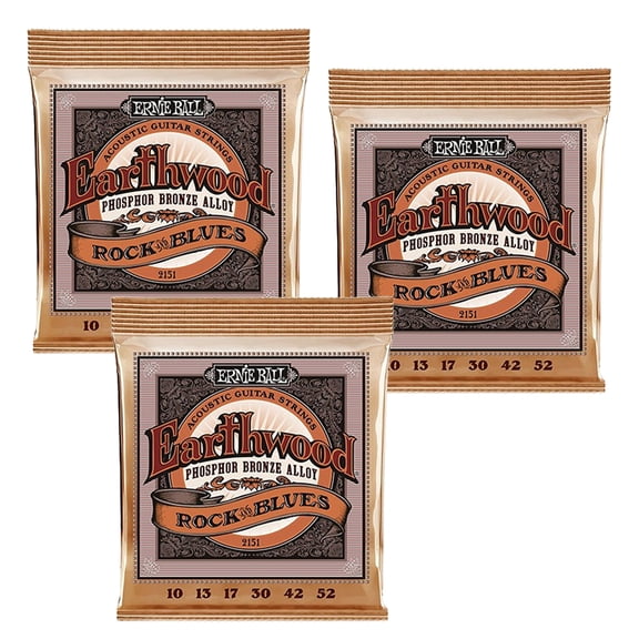 3 PACK Ernie Ball P02151 Earthwood Rock & Blues Phosphor Bronze Acoustic String Set .010 - .052
