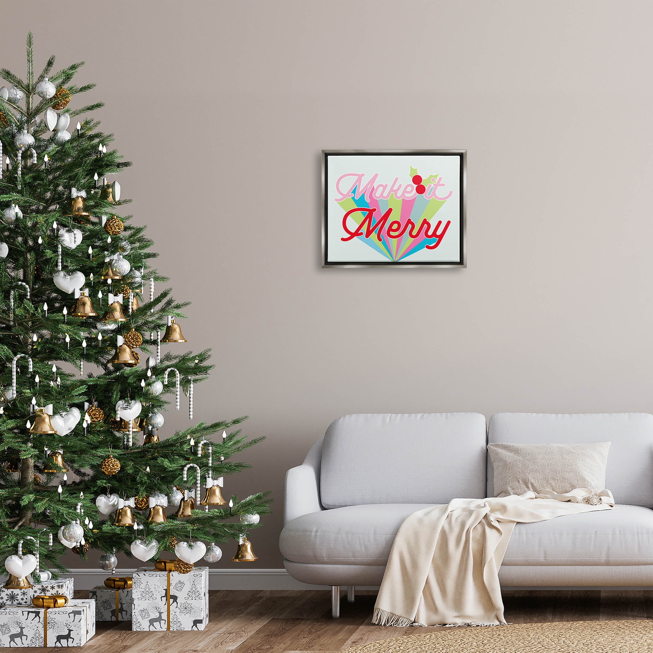 Make It Merry Bold Christmas Stripes Holiday Graphic Art Luster Gray Framed Art Print Wall Art