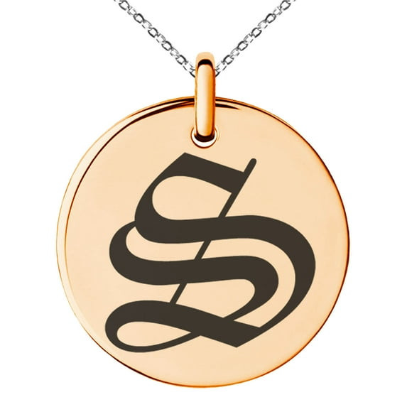 Stainless Steel Letter S Initial Old English Monogram Engraved Small Medallion Circle Charm Pendant Necklace