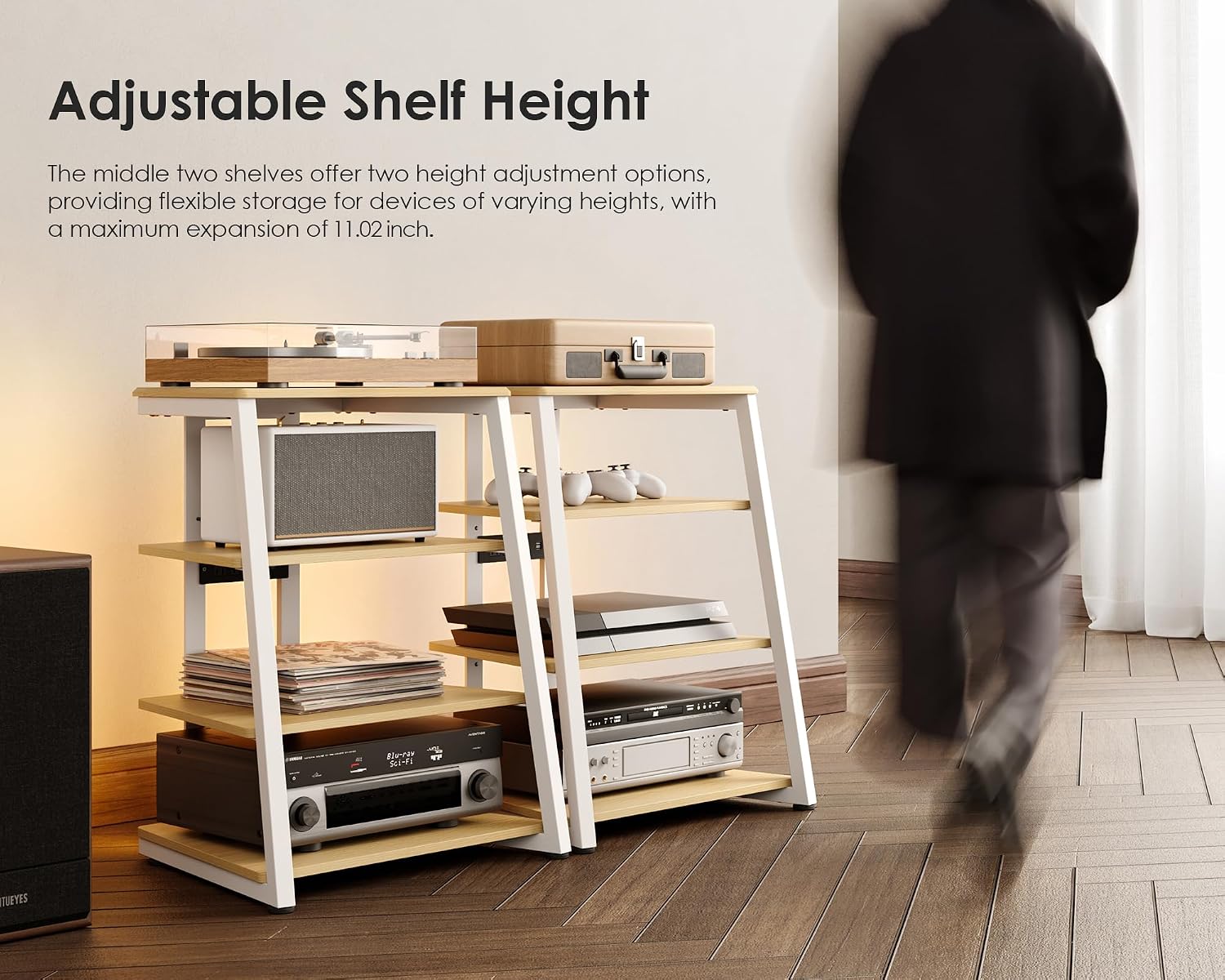 FITUEYES 4-Tier Media Stand with LED Backlight and Power Outlet, Adjustable Shelves, White Oak