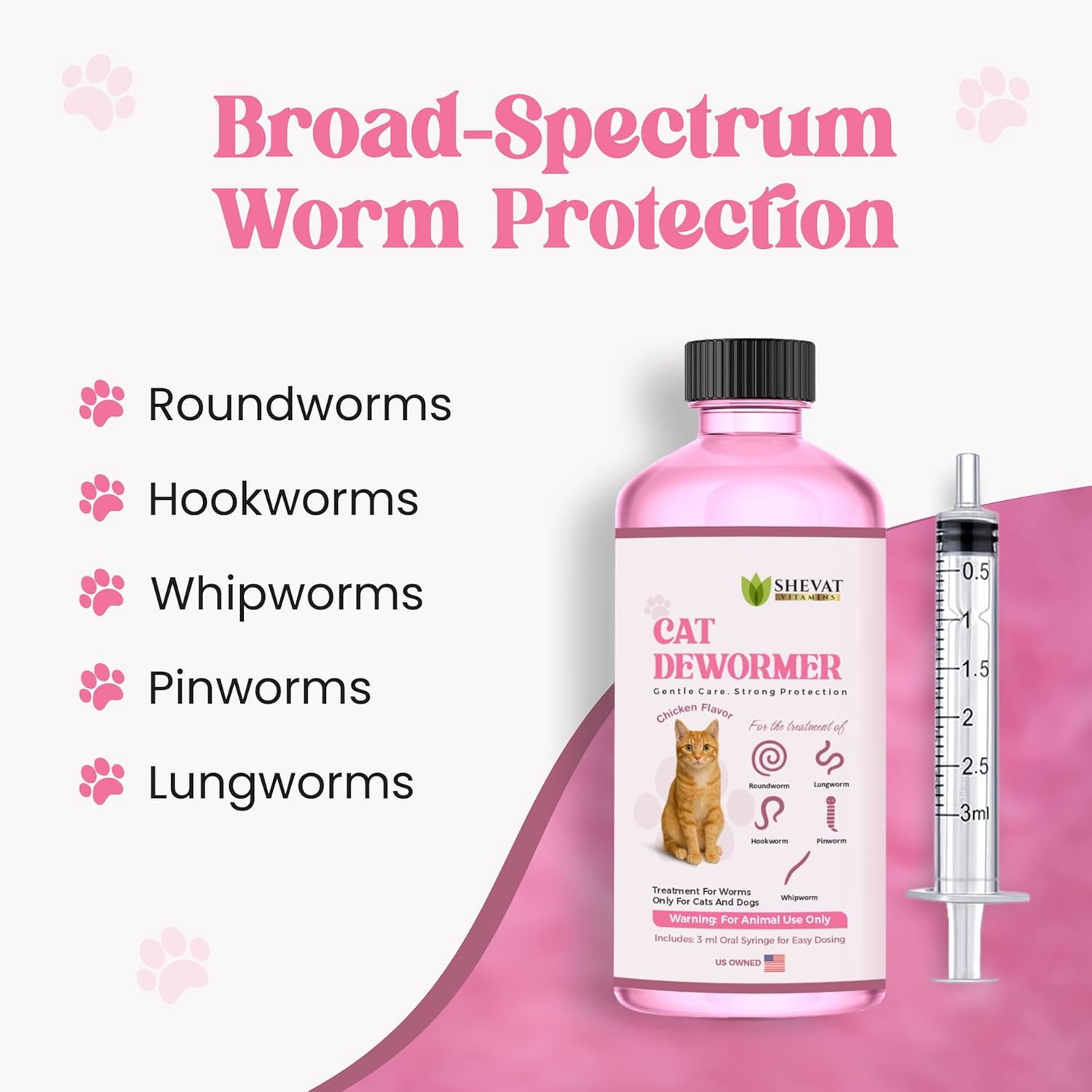 Dewormer for Cats Liquid – Chicken Flavor Cat Dewormer for Cats & Kittens – Oral Formula with Syringe – Tapeworm Care Support – 2 oz (60 ml)