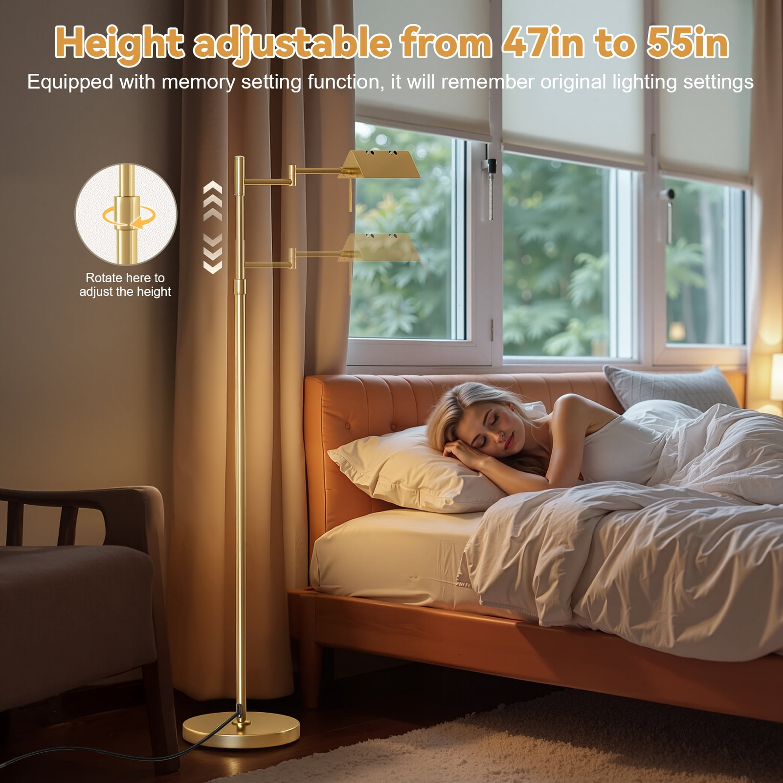 Modern Gold Floor Lamp with 360° Swing Arm, Dimmable LED Standing Lamp for Living Room, 3 Color Temperatures, Adjustable Height 47-55", All-Metal Design