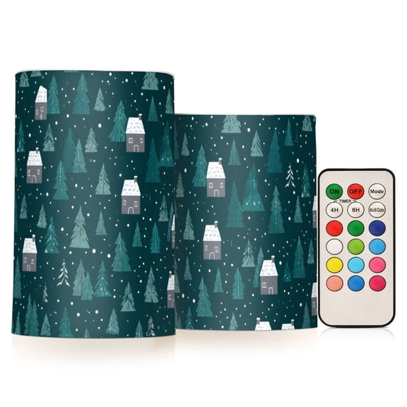 Snowy Forest Village Flameless LED Candle Set with Remote, Battery Operated Color Changing Pillar Candles, Set of 2