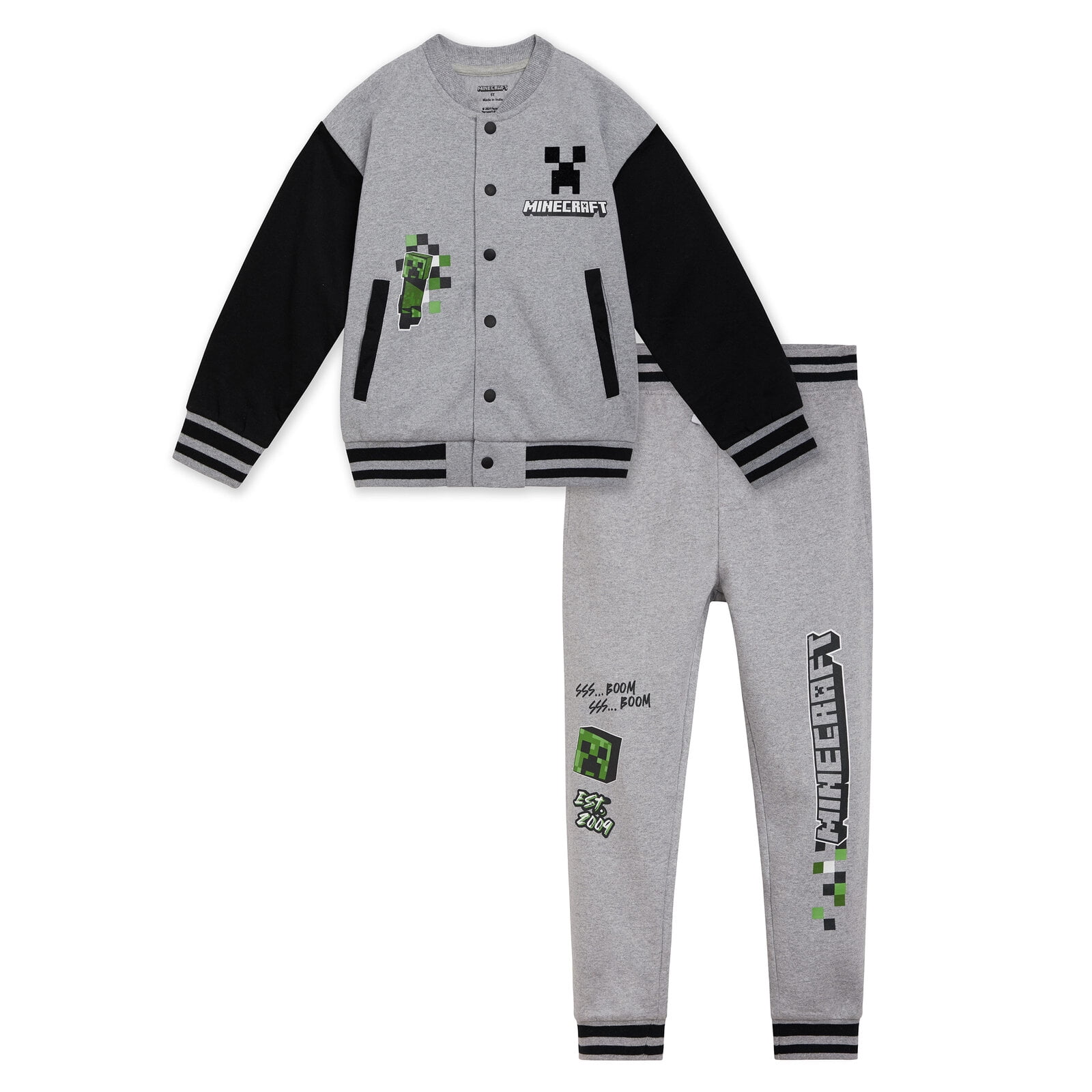 Minecraft Creeper Fleece Varsity Bomber Jacket and Jogger Pants Outfit Set Little Kid to Big Kid