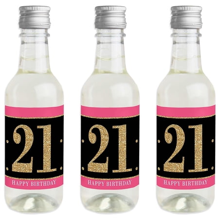 Big Dot of Happiness Finally 21 Girl – 21st Birthday – Mini Wine and Champagne Bottle Label Stickers – 21st Birthday Party Favor Gift – Set of 16