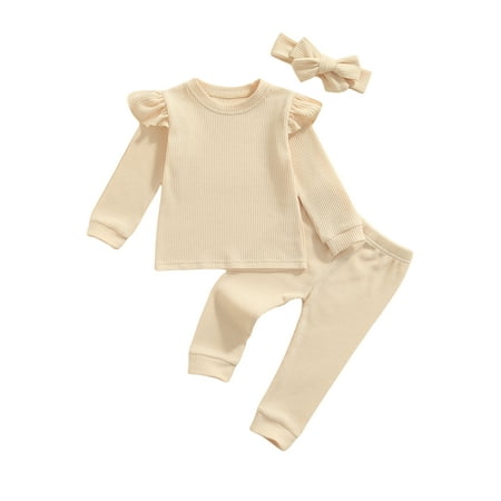 

IZhansean Cute Infant Baby Girls Clothes 3pcs Ruffles Pullover Long Sleeve Tops Pant Headband Set Apricot 2-3 Years