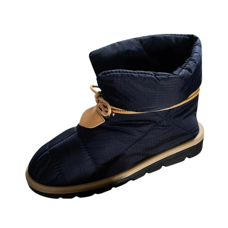 

SEMIMAY Ladies Fashion Solid Color Splash Proof Cotton Boots Lace Up Comfortable Flat Short Boots Dark Blue