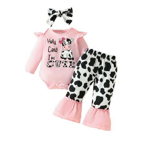 

Bjutir Cute Outfits Set For Boys Girls Toddler Long Sleeve Romper Bodysuit Cartoon Dairy Cow Prints Bell Bottoms Pants Outfits