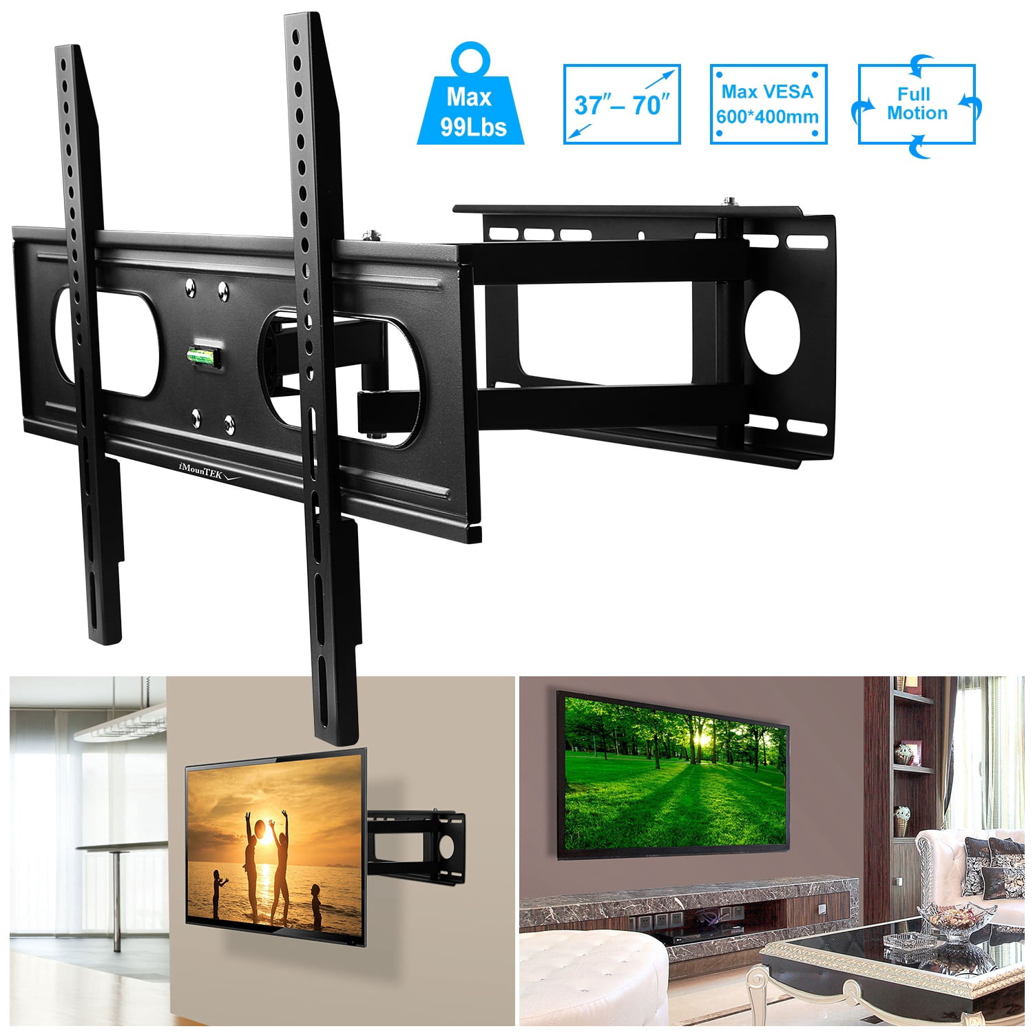 Moclever Full Motion TV Wall Mount Swivel Tilt TV Wall Rack Support 37-70” TV Wall Mount Max VESA 600x400mm Holds up to 99LBS, Black