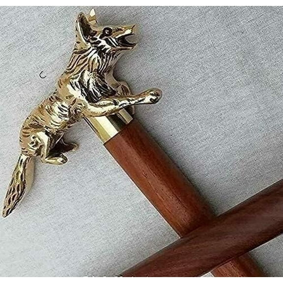 NAUTICALMARTUS Antique Brass Designer Running Fox Handle Vintage Style Cane Wooden Walking Stick Cane Gift