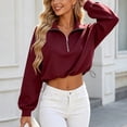 thumbnail image 6 of Qgtaibl Women Quarter Zip Cropped Sweatshirts Drawstring Hem Lapel Workout Shirt Lantern Long Sleeve Loose Fit Casual Pullover Tops Wine S, 6 of 9