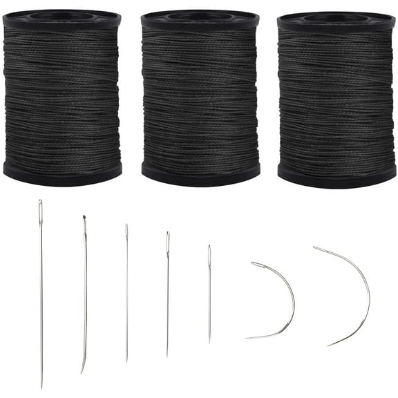 Extra Strong Upholstery Repair Sewing Thread Kit and Heavy Duty Household Hand Needles, Including 7 Styles of Leather Canvas Sewing Needles and 3 Rolls Black Nylon Thread (70 Yard of Each Roll)