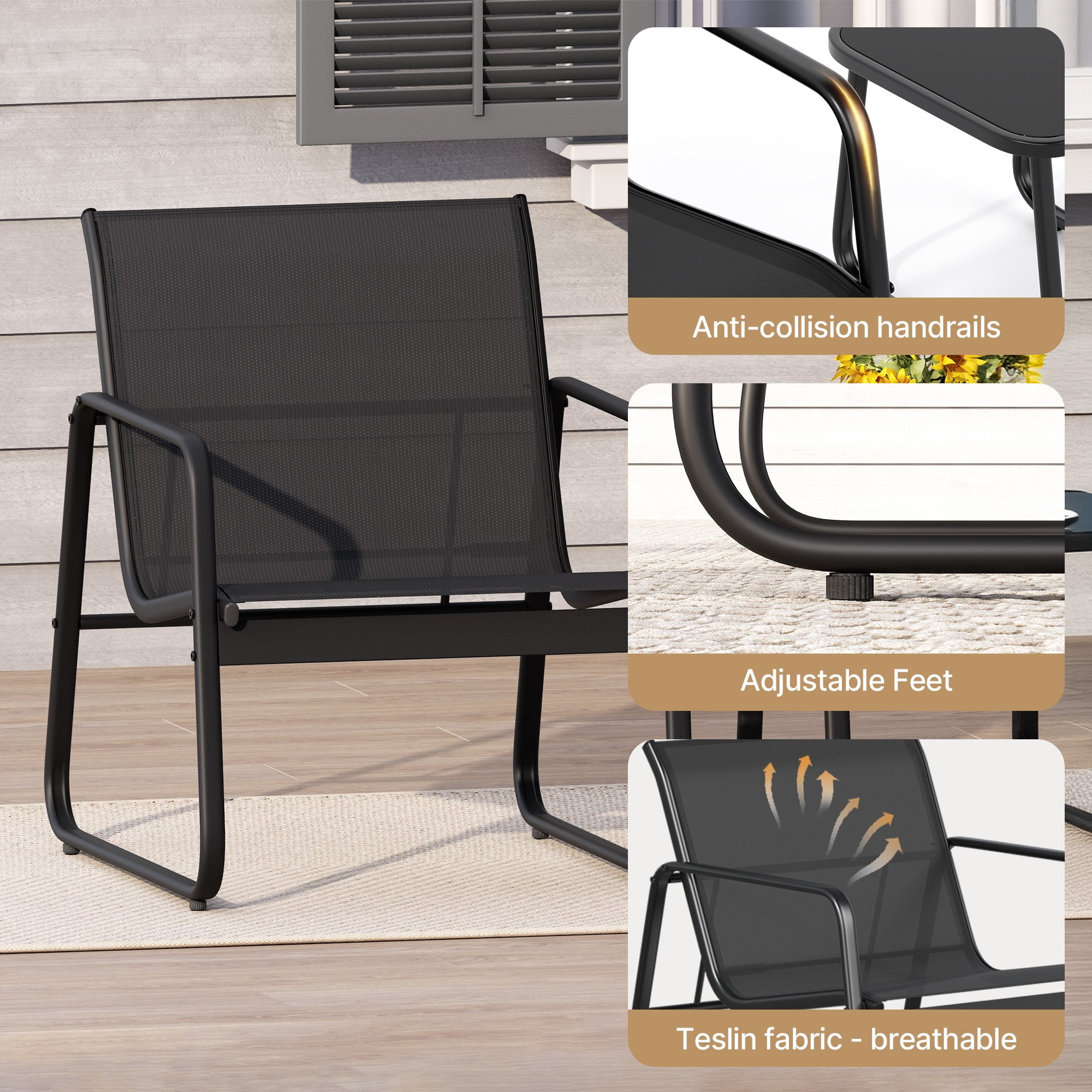 Patio Furniture Set, Aiho Outdoor Bistro Set with Glass Top Table, Textilene Patio Chairs Set for Poolside, Lawn, Black