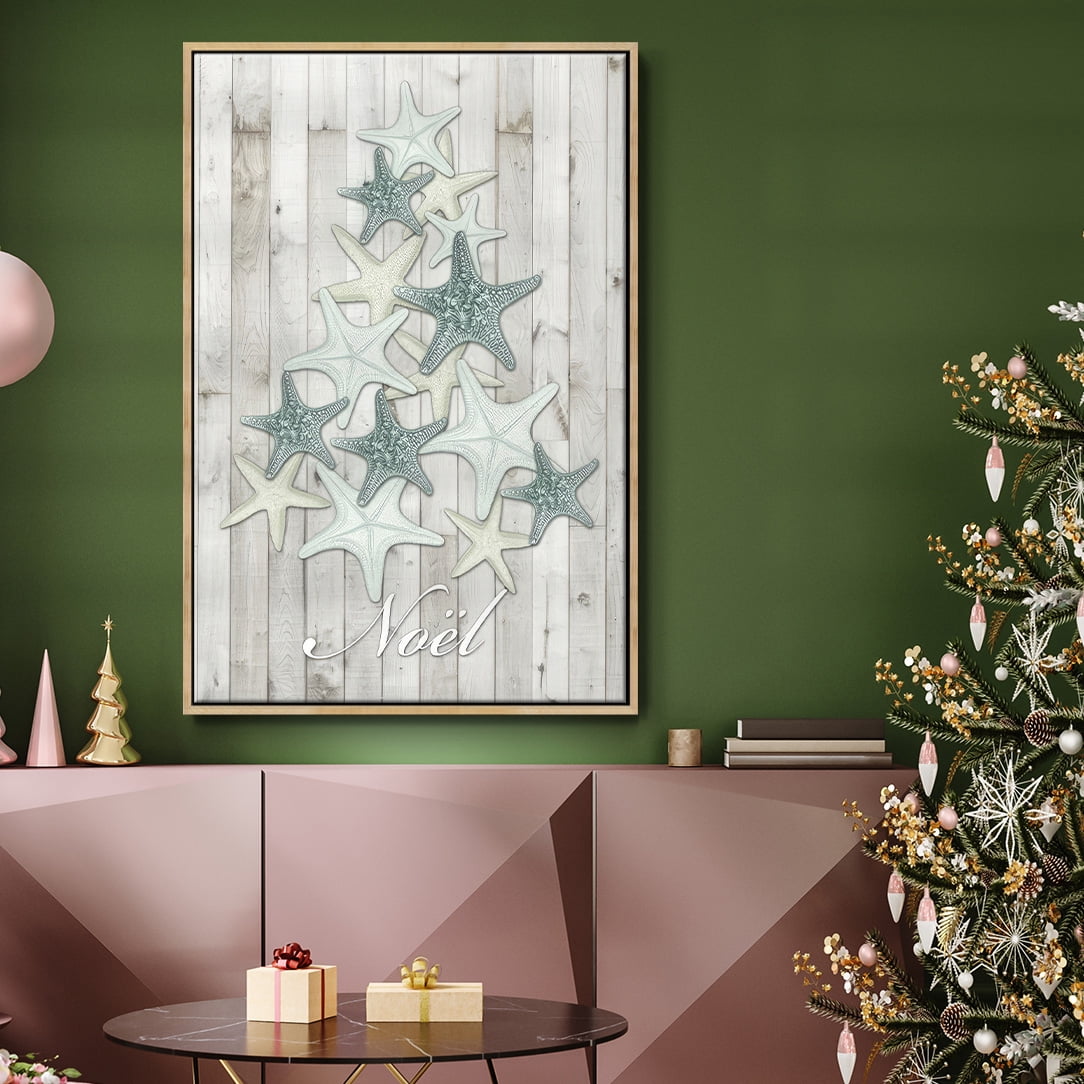 Coastal Christmas IV - Framed Gallery Wrapped Holiday Canvas - 17 x 25 - Natural Wood Frame