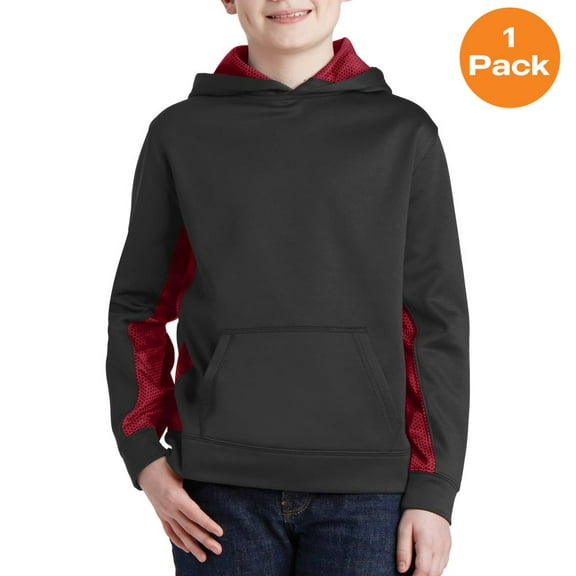 Sport-Tek YST239 Youth Sport-Wick CamoHex Fleece Colorblock Hooded Pullover, Black/ Deep Red, L, Boys Hoodies and Sweatshirts