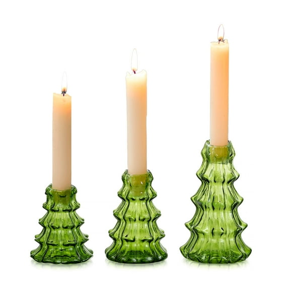 Glasseam Christmas Tree Candle Holder: Set of 3 Glass Candlestick Holders for Taper Candles Modern Candle Stick Candle Holder Ribbed Green Taper Candle Holders for Table Centerpiece Decorations Gifts