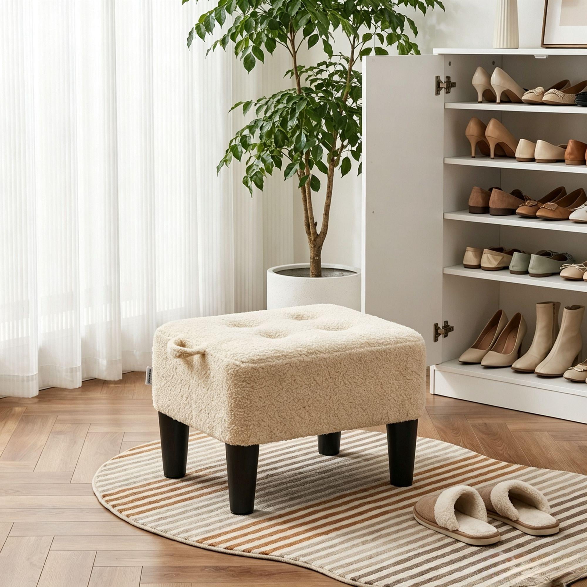 Ledrem Small Ottoman Foot Stool with Thick Cushion, Sand Teddy Fleece
