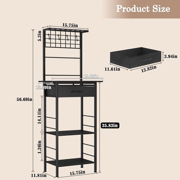 Coffee Bar Station,5 Tier Coffee Stand with Organizer Storage Drawers,Kitchen Corner Bakers Rack with 4 S-Shaped Hooks & Dual Wood,Kitchen Shelf for Small Spaces, Living Room,Entryway (Black)