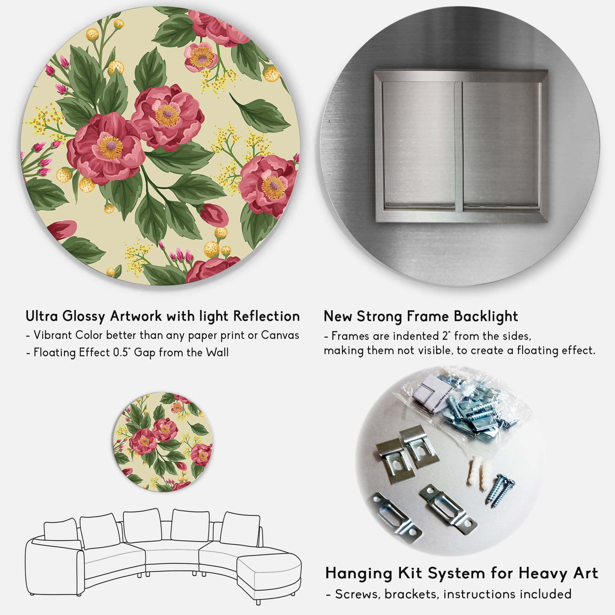 Designart 'Vintage Sweet Peas and Peonies On Beige' Traditional Circle Metal Wall Art 23x23 - Disc of 23