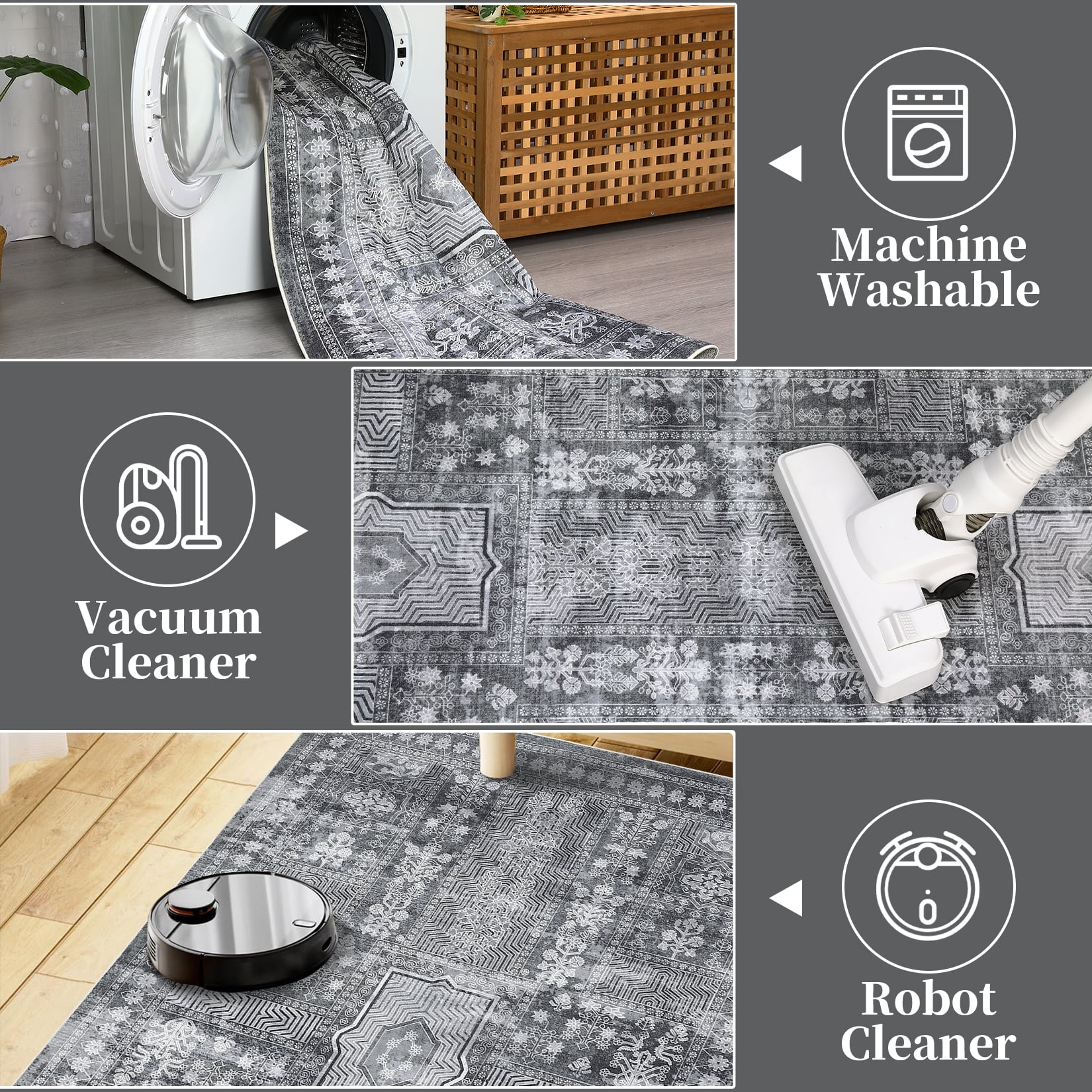 HOMERRY 9' x 12' Washable Bedroom Carpet Floral Geometric Area Rug for Dining Room, Gray