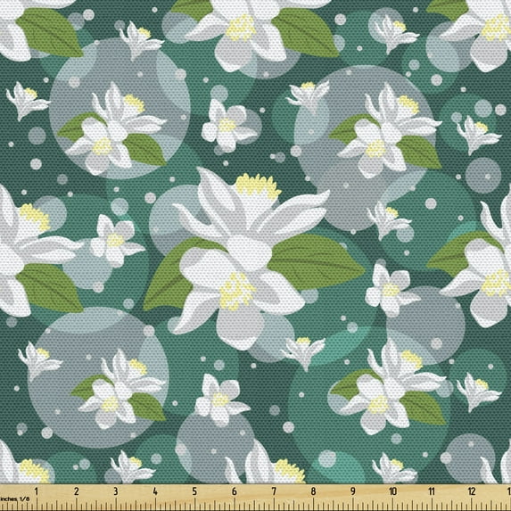Floral Fabric by the Yard, Lemon Flowers and Leaves Irregular Rounds, Decorative Upholstery Fabric for Chairs & Home Accents, Dark Seafoam Teal by Ambesonne