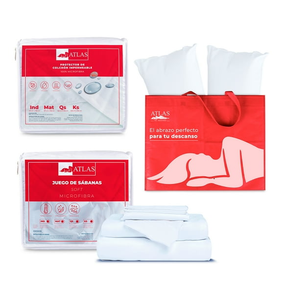 ALMOHADAS BASIC ATLAS 2 PACK, PROTECTOR INDIVIDUAL BASIC ATLAS,SABANAS BASIC ATLAS INDIVIDUAL Atlas del Descanso Set de Blancos