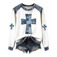 thumbnail image 5 of Cross Print Distressed Denim Sweatshirts for Women Casual Long Sleeve Crewneck Loose Fit Pullover Top White M, 5 of 5