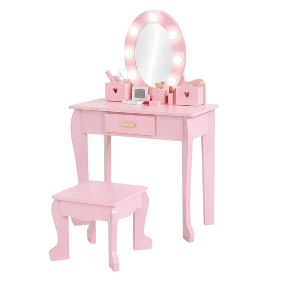 TROPOW Kids Vanity Set with Drawer and Stool, Girls Vanity Set with with Lights and Mirror for Girls, Wood Makeup Playset Birthday for Age 4-9 Years,Pink