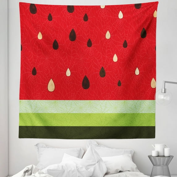 Nature Tapestry, Macro Watermelon Pattern Fresh Ripe Organic Fruit Illustration, Fabric Wall Hanging Decor for Bedroom Living Room Dorm, 5 Sizes, Red Green Black, by Ambesonne