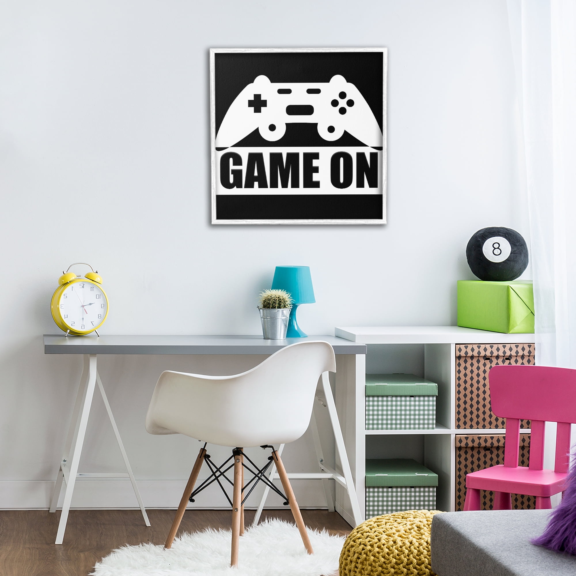 Game On Retro Black & White White Framed Giclee Art, design by Kim Allen