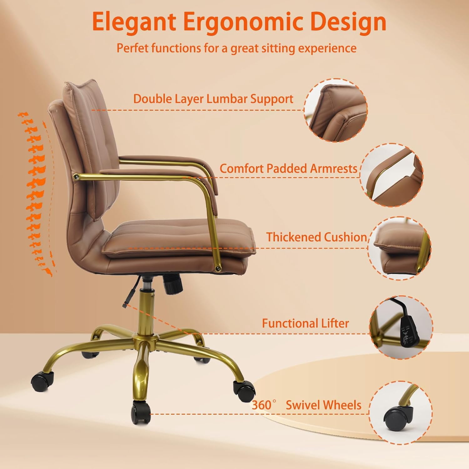 CLATINA Leather Home Office Desk Chairs, Swivel Mid-Back Computer Chair with Golden Legs and Arms, Comfy Upholstered Task Chair with Wheels, Brown