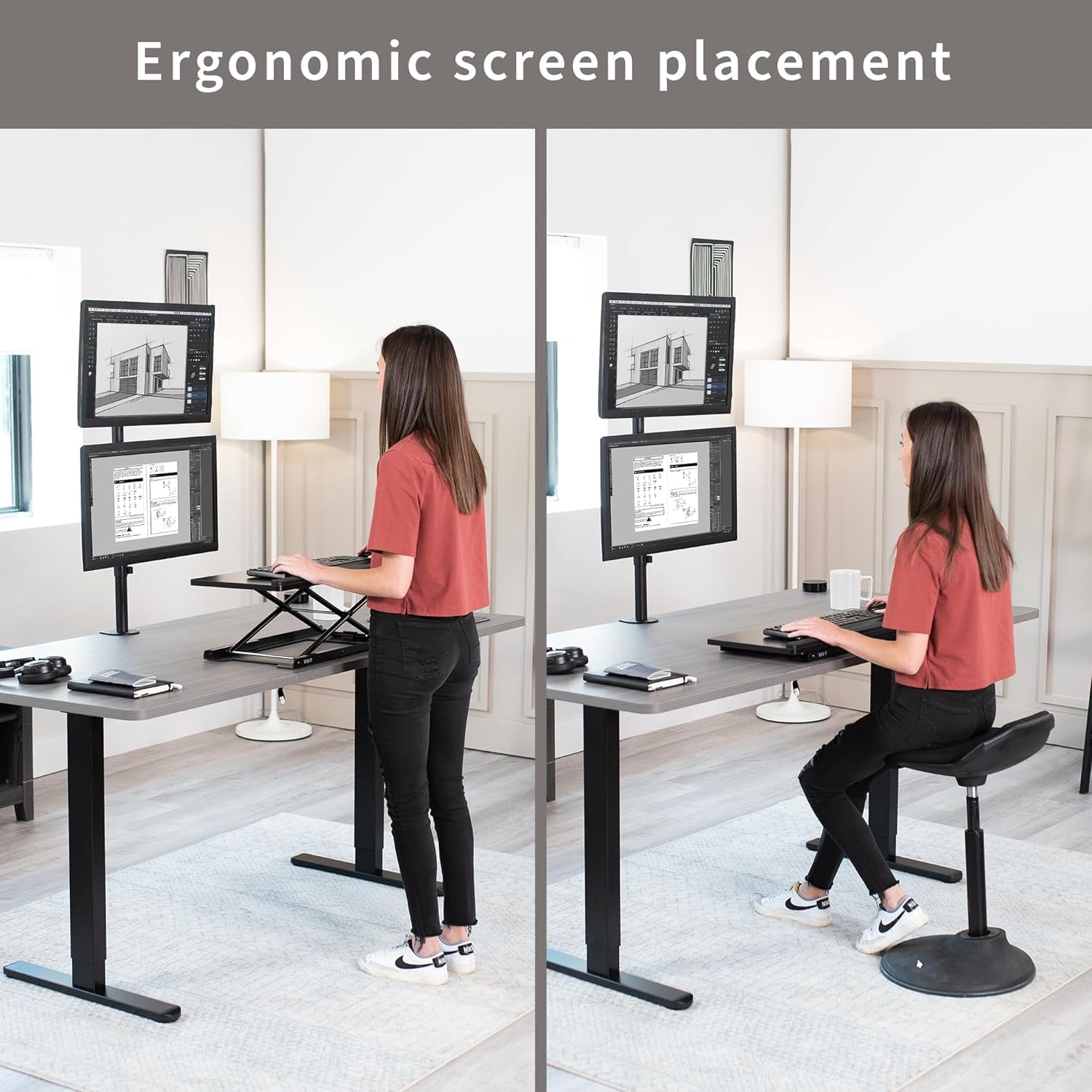 Dual Vertically Stacked Monitor Desk Mount,  Tall Adjustable Stand for 2 Ultrawides  to 34 inches, 22 lbs Capacity, Black, STAND-V002T