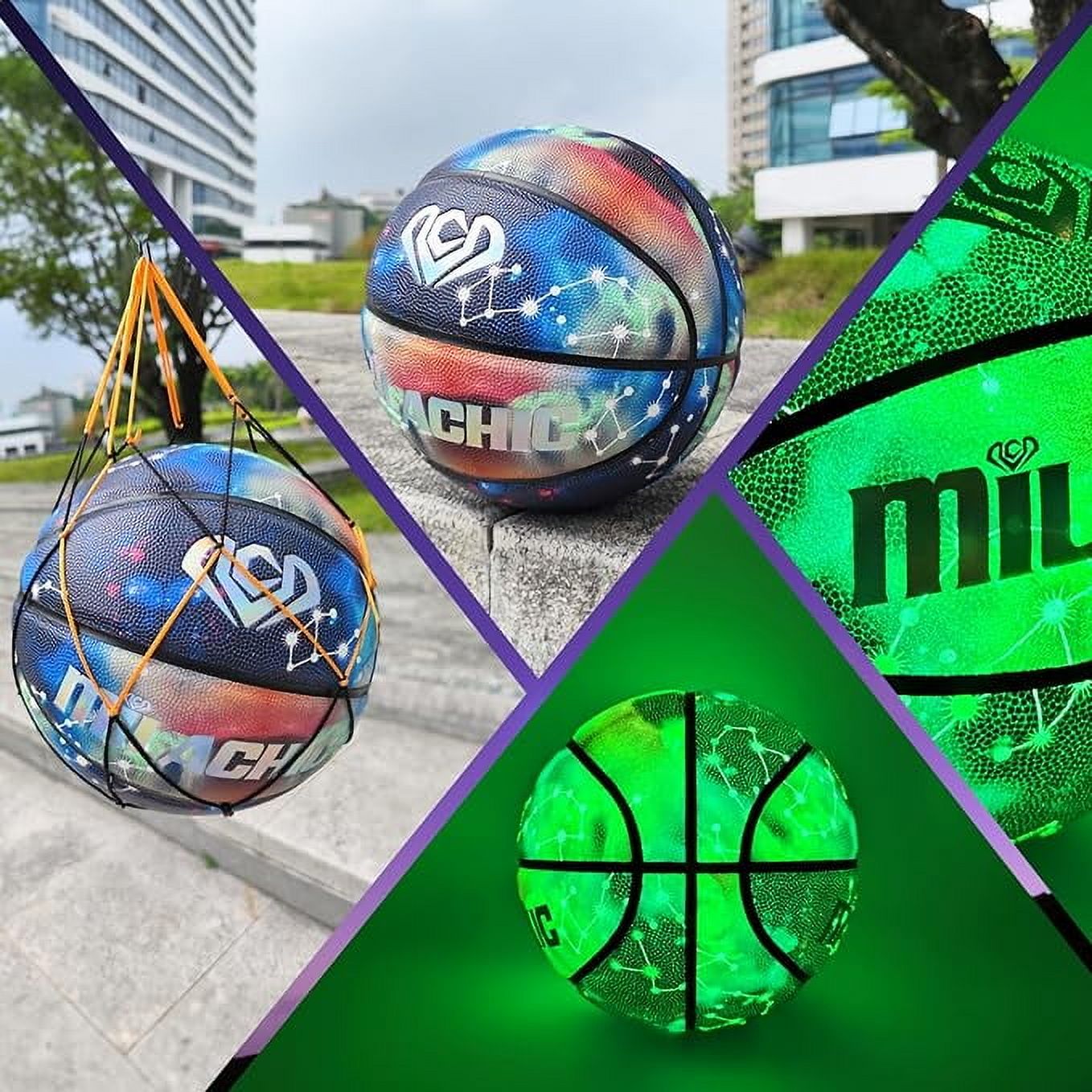 VEZLOP Basketball, Glow in the Dark Basketball, Glowing Composite Leather Luminous Basketball Gift for Youth, Men, Women, Indoor-Outdoor Night Basketball Size 7(29.5") / 6(28.5") / 5 (27.5") with Pump