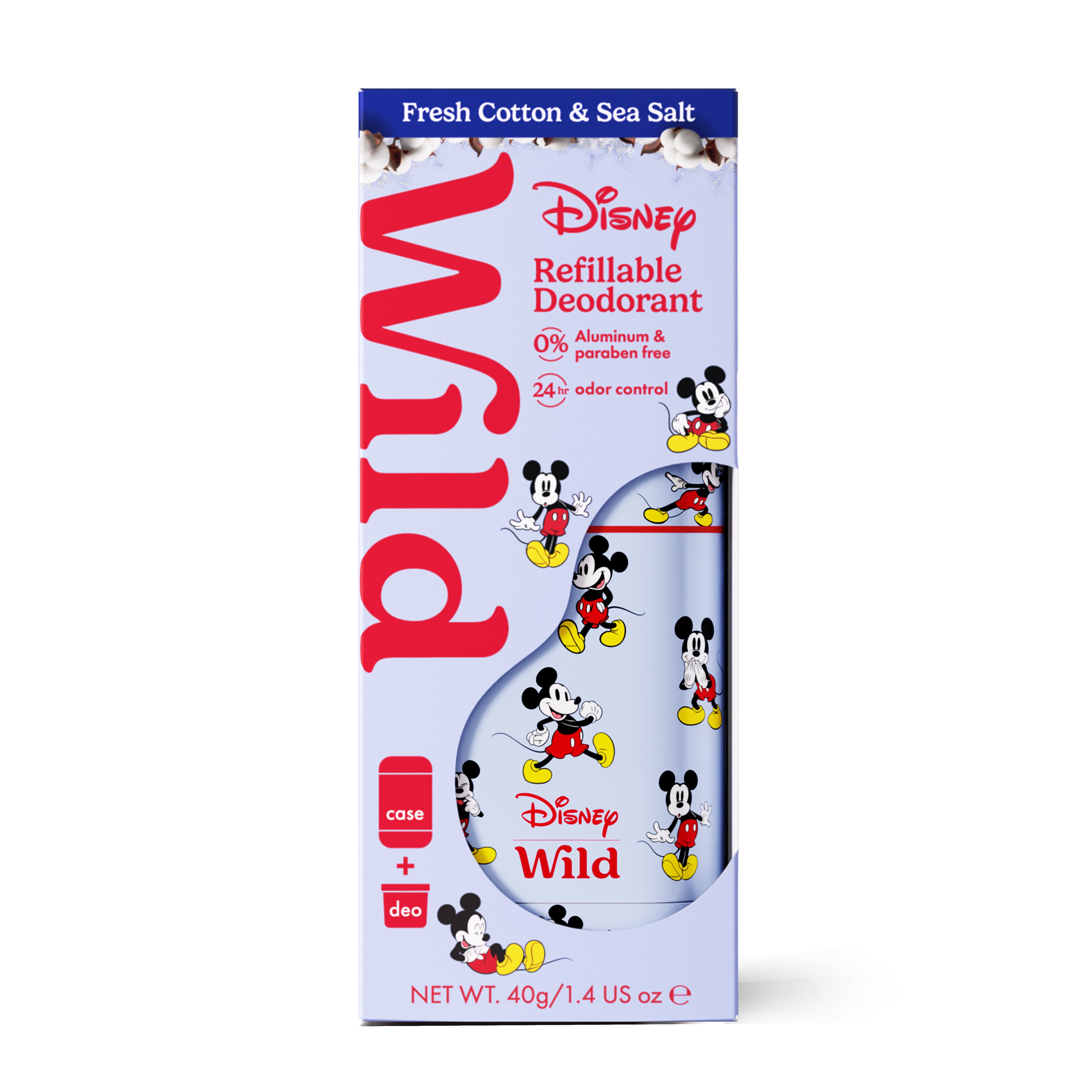 Wild Refillable Deodorant Starter Pack - Aluminum Free. Mickey Mouse Case + Fresh Cotton & Sea Salt Refill, for Women and Men, 1.4oz