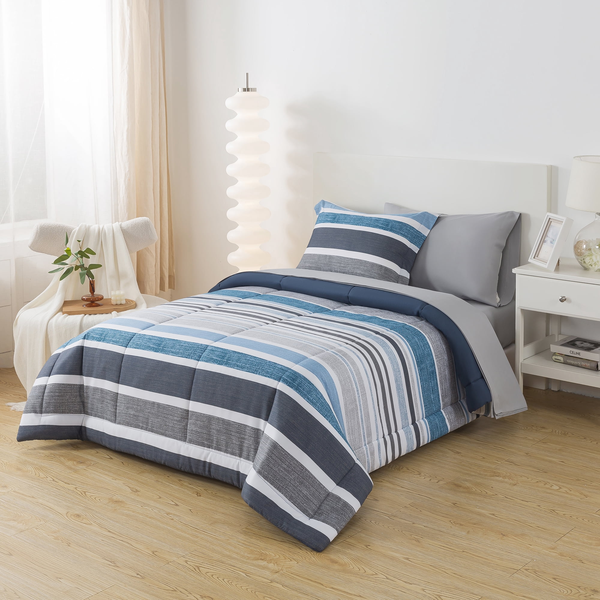 Mainstays 7-Piece Blue Stripe Bed in a Bag, Double