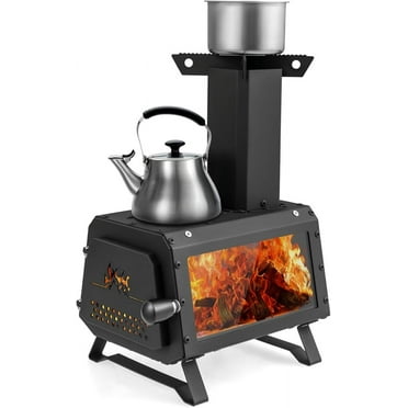 DOPIUY Portable Camping Wood Stove - Mini Wood Burning Stove w/ 2 Cooking Positions, Anti-scalding Door Handle & Heat Resistant Glass Window, Tabletop Fire Pit Stove for Outdoor Cooking Heating