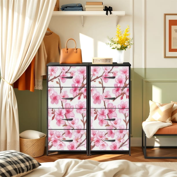 4 Drawer Vertical Storage Dresser cherry flowers buds Pink