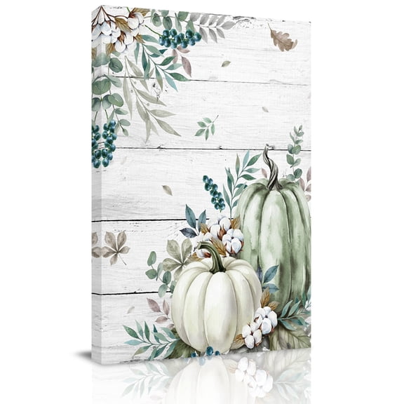 Canvas Wall Art, Sage Green Pumpkins Fall Framed Canvas Prints for Kitchen Bedroom, Thanksgiving Leaves Wood Grain Small Gallery Wrapped Wall Decor for Home Office, Gifts, 8"x12" Ship Next Day