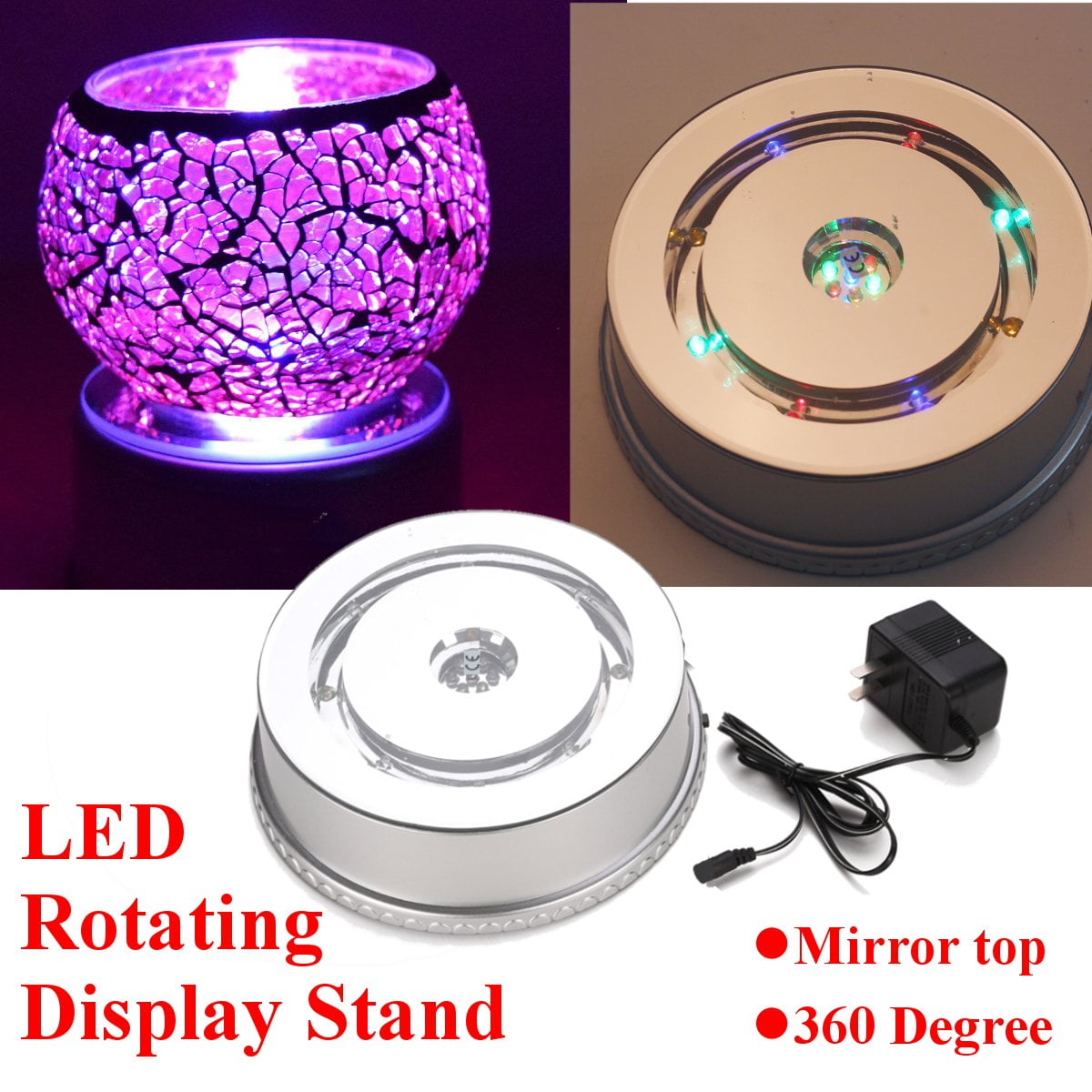 360° LED Rotating Rotary Top Glass Display Stand Turntable Show Holder