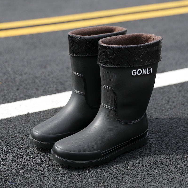 Men's Mid-calf Warm Rain Boots Waterproof Anti-Slip Black PVC Adult ...